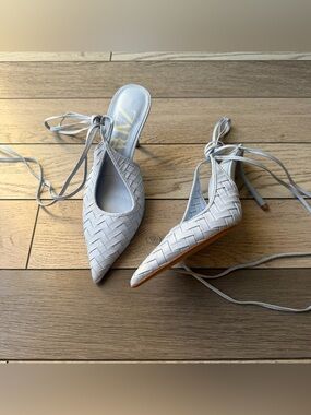 Zara Intrecciato woven vegan leather lace-up heels in a light blue shade size 7